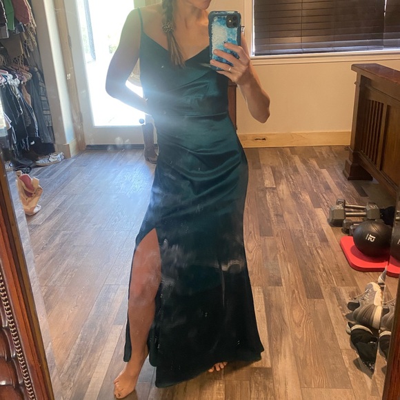 Birdy grey shiny satin emerald green bridesmaid dress. - Picture 3 of 4